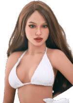 Realistische TPE sexpop DutchDoll Isabella 158 cm met lange bruine haren, helderblauwe ogen, slank figuur en zachte huid, levensechte sekspop met flexibel EVO+ skelet.