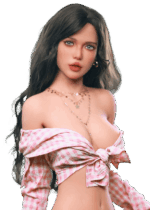 Realistische TPE sexpop Firedoll Zoey 157 cm met donkerbruine lokken, diepe blauwe ogen en slank sensueel figuur, levensechte sekspop met verleidelijke uitstraling.