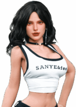 Realistische TPE sexpop Firedoll Misty 162 cm met donkerbruin golvend haar, volle heupen en gelborsten, levensechte sekspop met vrouwelijke rondingen en verleidelijke uitstraling.