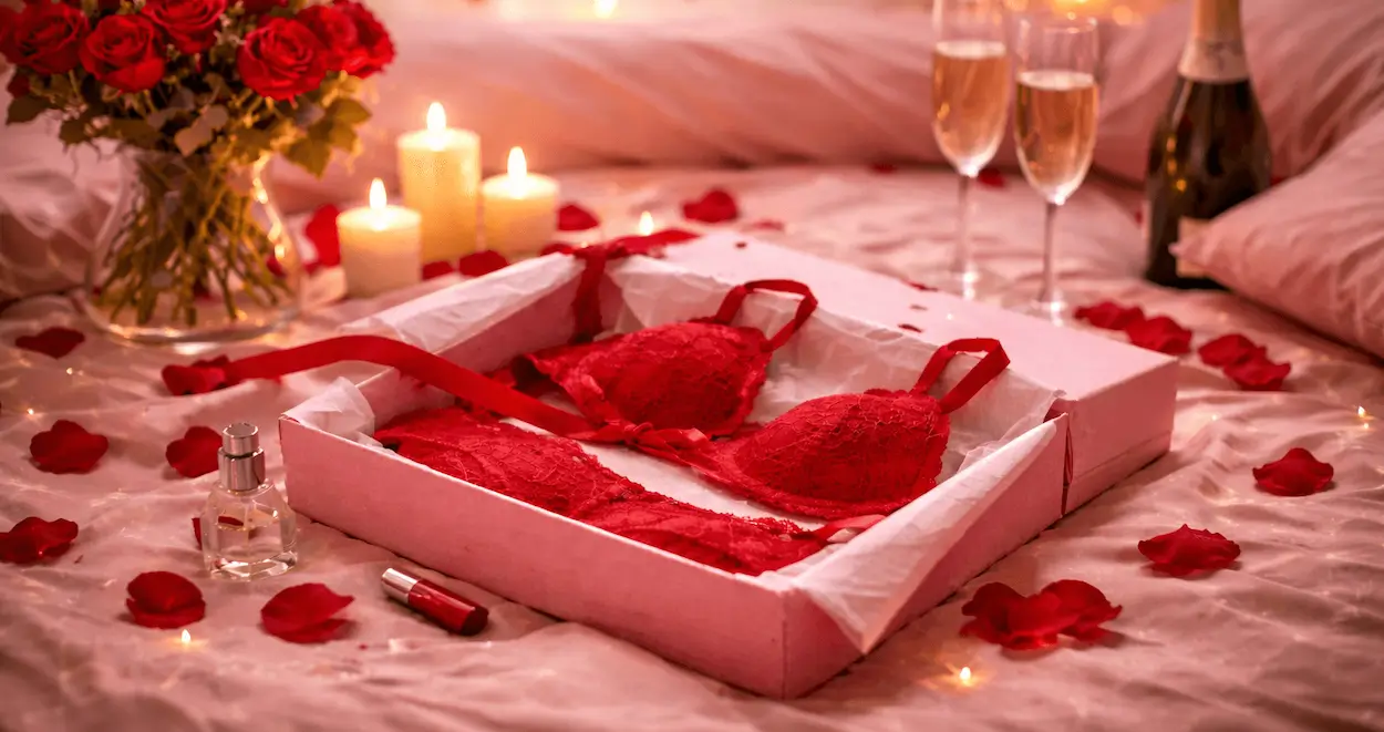 Valentijnsdag sfeer met lingerieset op bed met rozenblaadjes